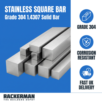 Stainless square bar infographic — grade 304, corrosion resistant, fast UK delivery from Rackerman