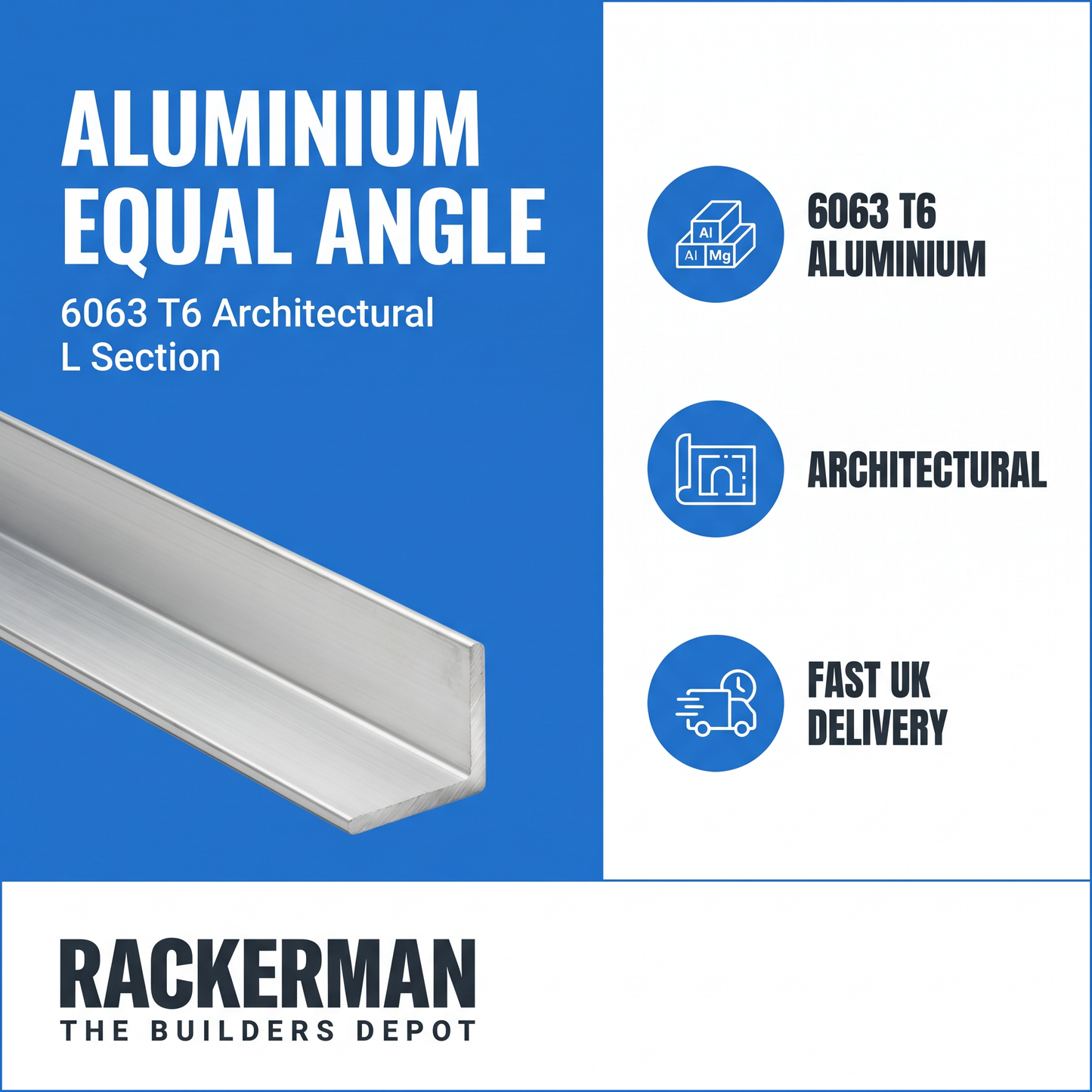 Aluminium equal angle infographic — 6063 T6 architectural, fast UK delivery from Rackerman