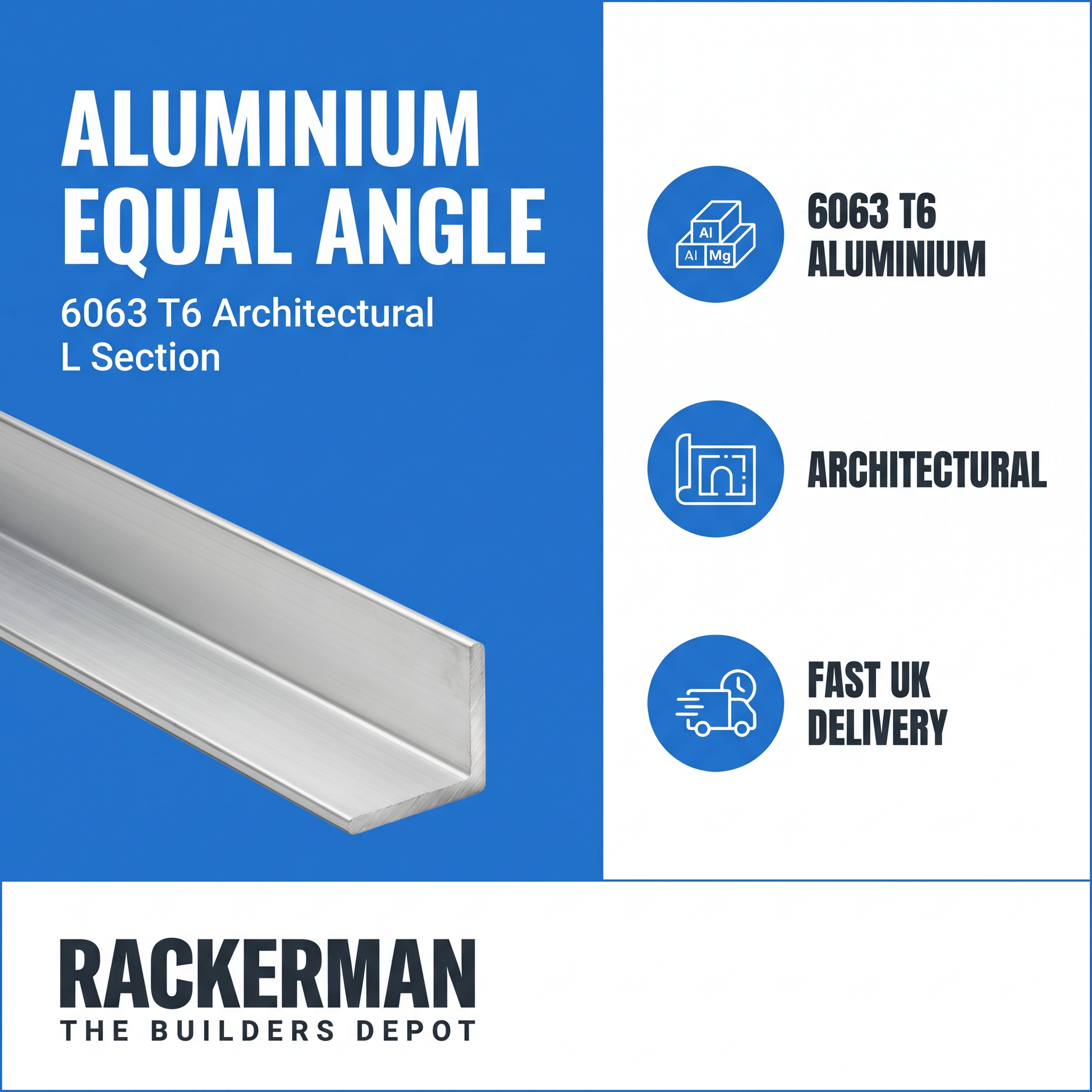 Aluminium equal angle infographic — 6063 T6 architectural, fast UK delivery from Rackerman