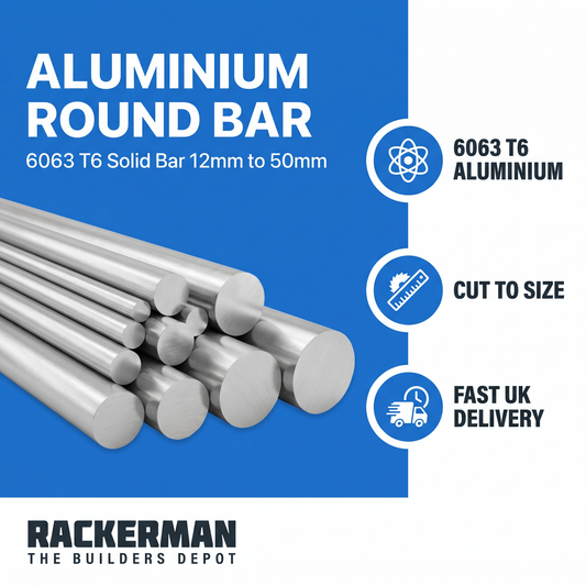 Aluminium round bar infographic — 6063 T6, cut to size, fast UK delivery from Rackerman
