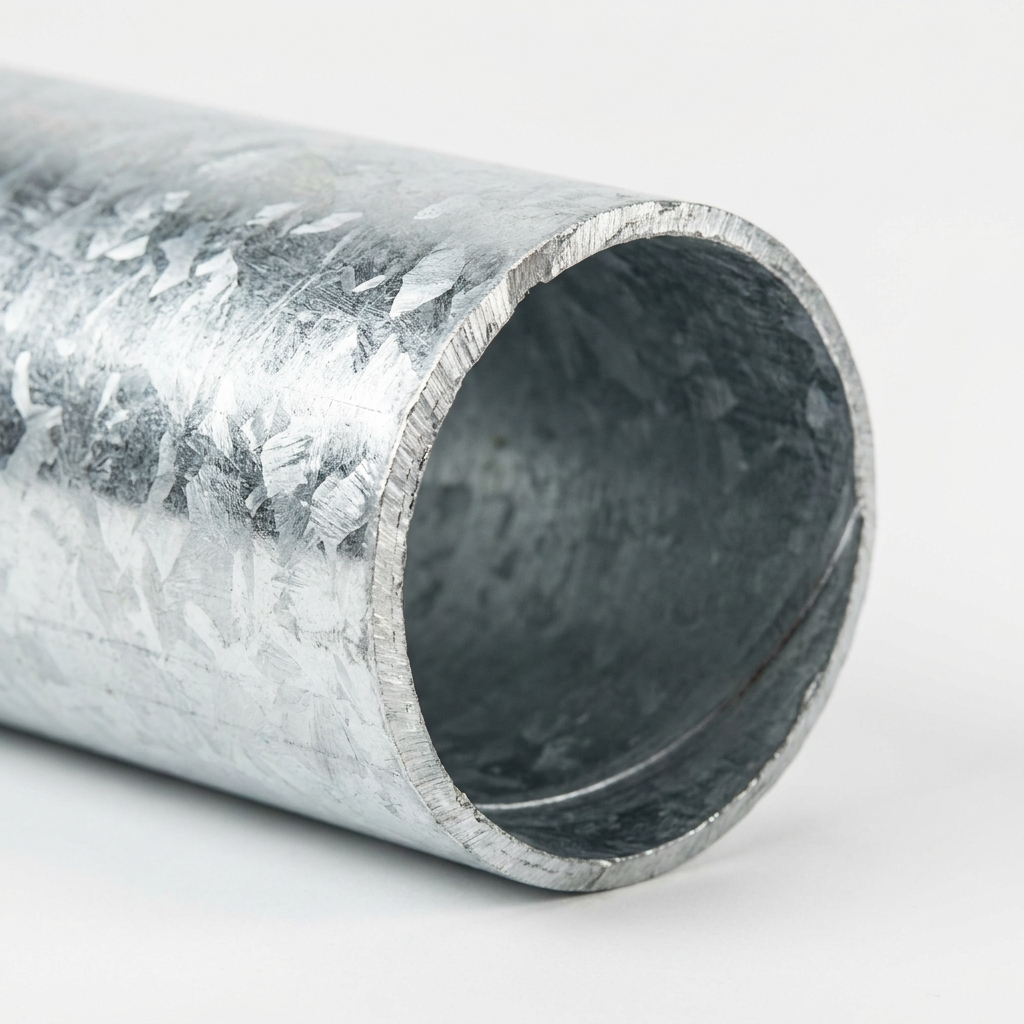 Cut end of a galvanised steel pipe showing the zinc coating
