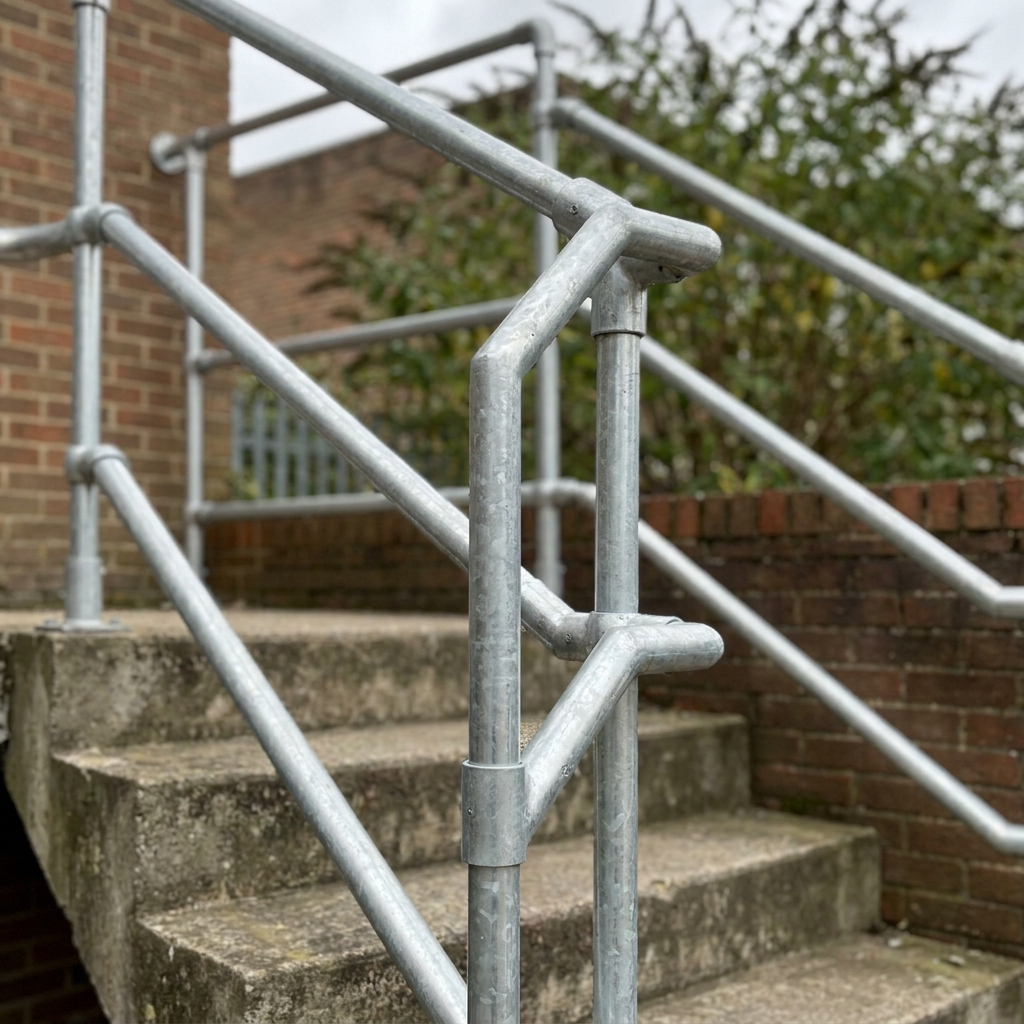 Galvanised steel tube handrail framework on a UK external staircase