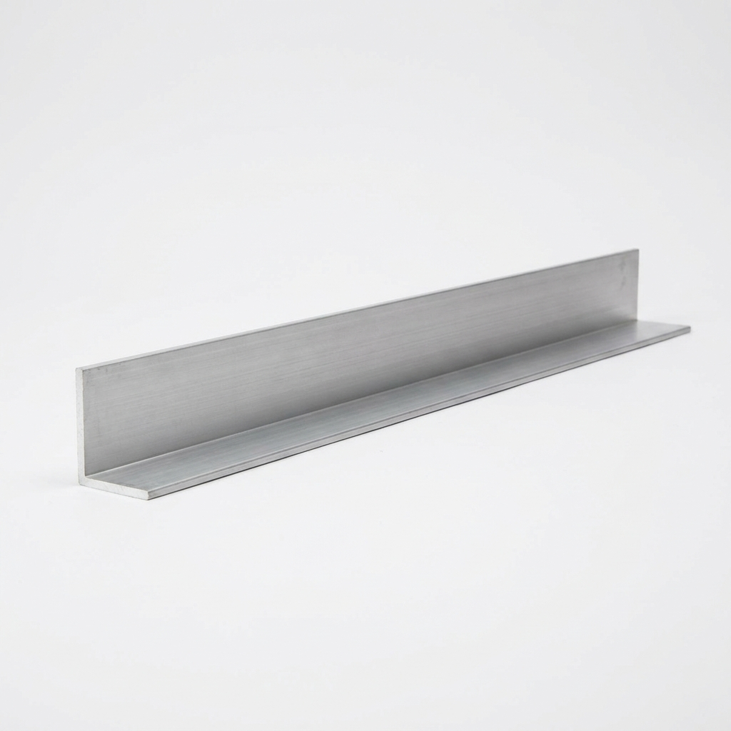 6063 T6 aluminium equal angle L-section on a white studio background
