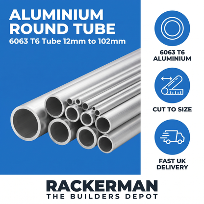 Aluminium round tube infographic — 6063 T6, cut to size, fast UK delivery from Rackerman