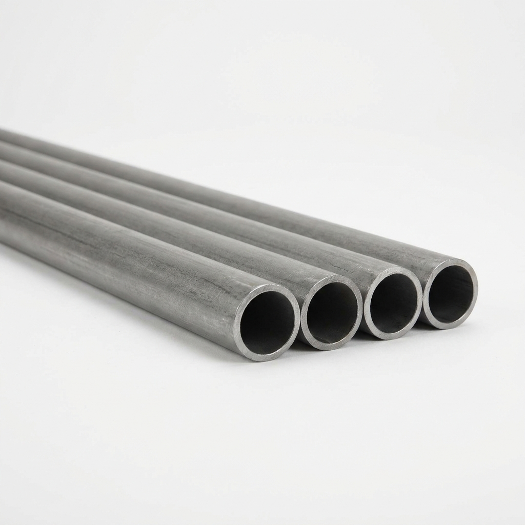 Bundle of ERW mild steel round tubes on a white studio background