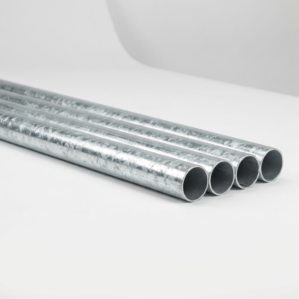 Bundle of hot-dip galvanised steel tubes on a white background