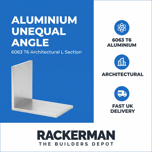 Aluminium unequal angle infographic — 6063 T6 architectural L section, fast UK delivery from Rackerman