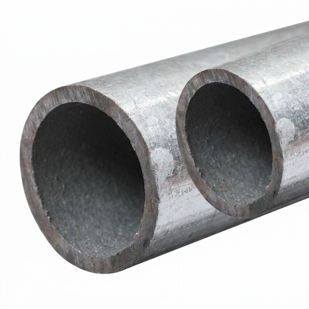 Galvanised steel tube cut end close-up hollow round section wall thickness