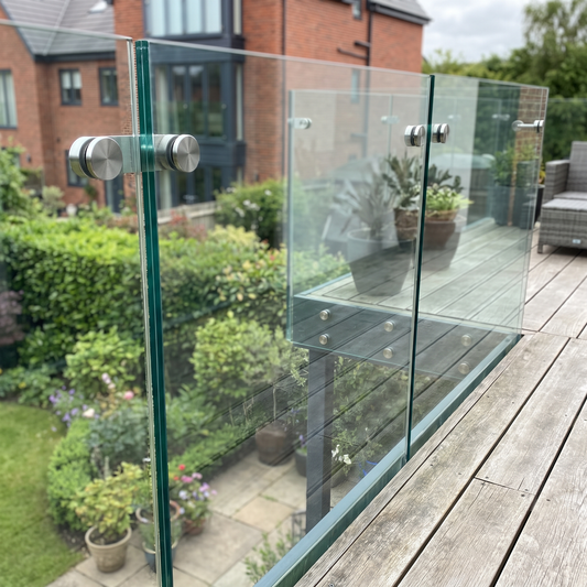 15mm toughened glass balustrade panel installed on a UK balcony with stainless steel fixings