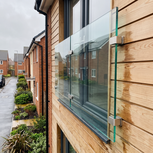 10mm toughened glass panels as a Juliet balcony balustrade infill on a UK home
