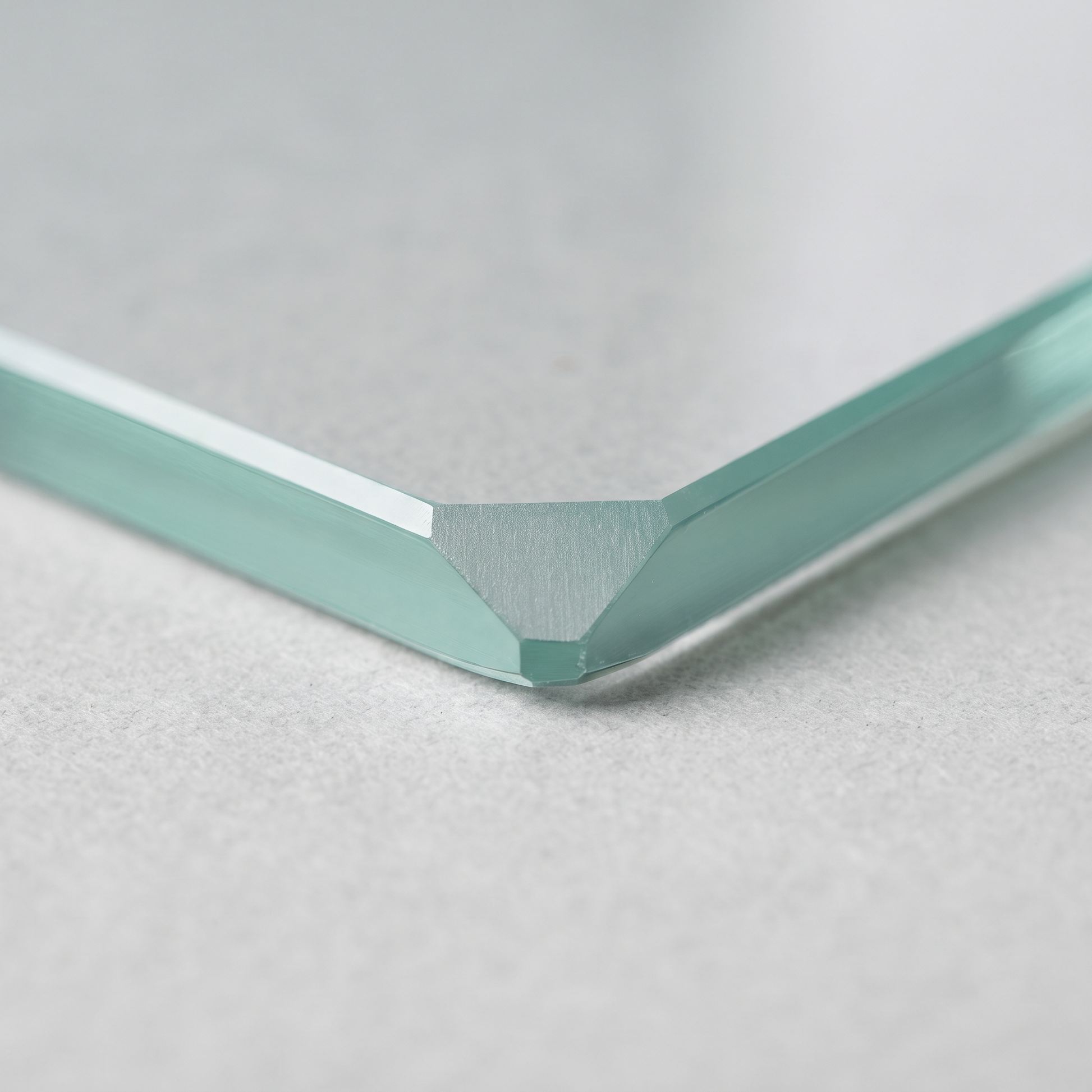 Dubbed corner and polished edge detail of a 15mm toughened glass panel