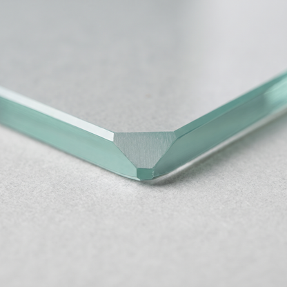 Dubbed corner and polished edge detail of a 15mm toughened glass panel