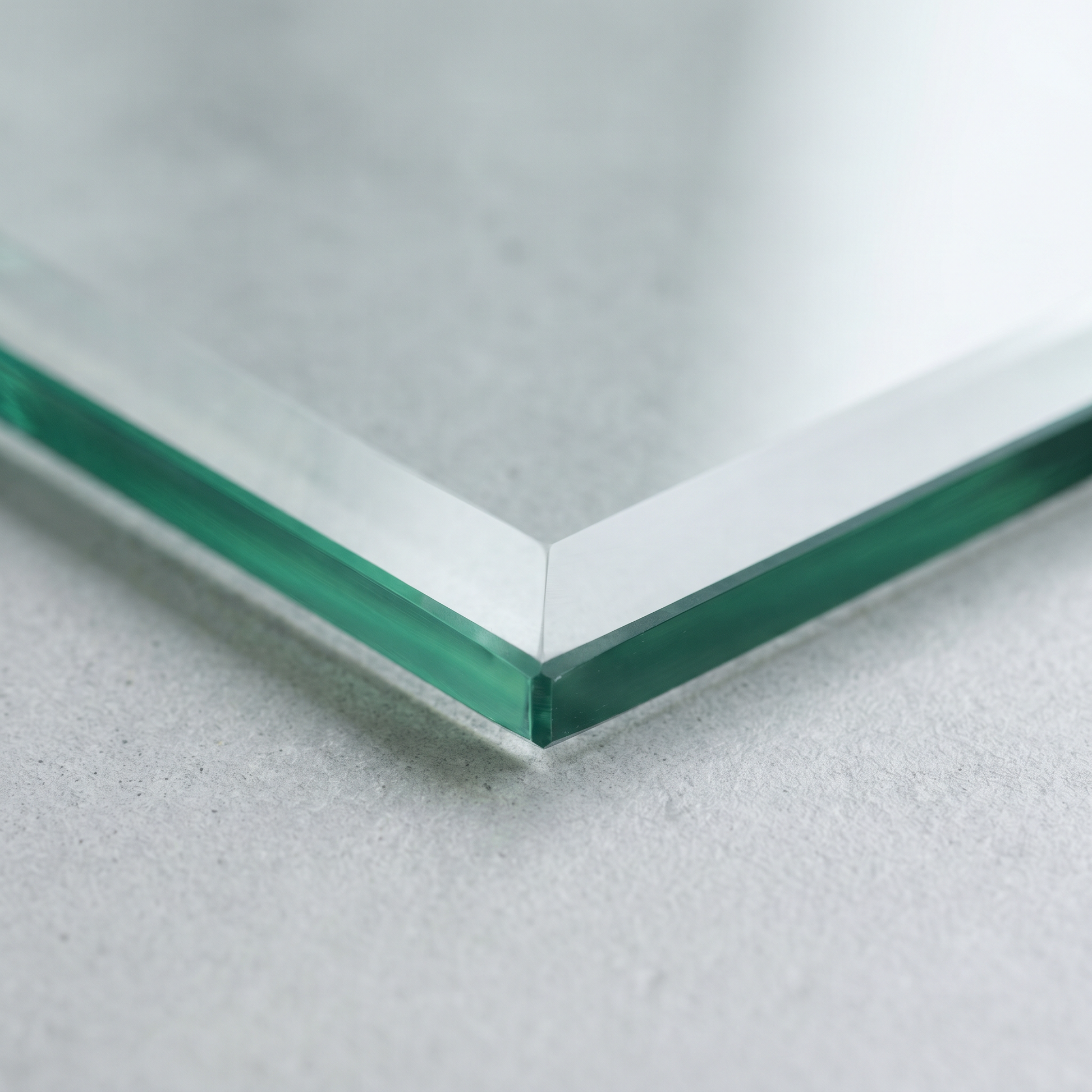 Dubbed corner and polished edge detail of a 10mm toughened glass panel