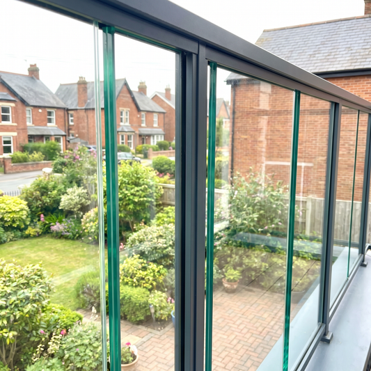 12mm toughened glass infill panels in a framed balustrade on a UK balcony