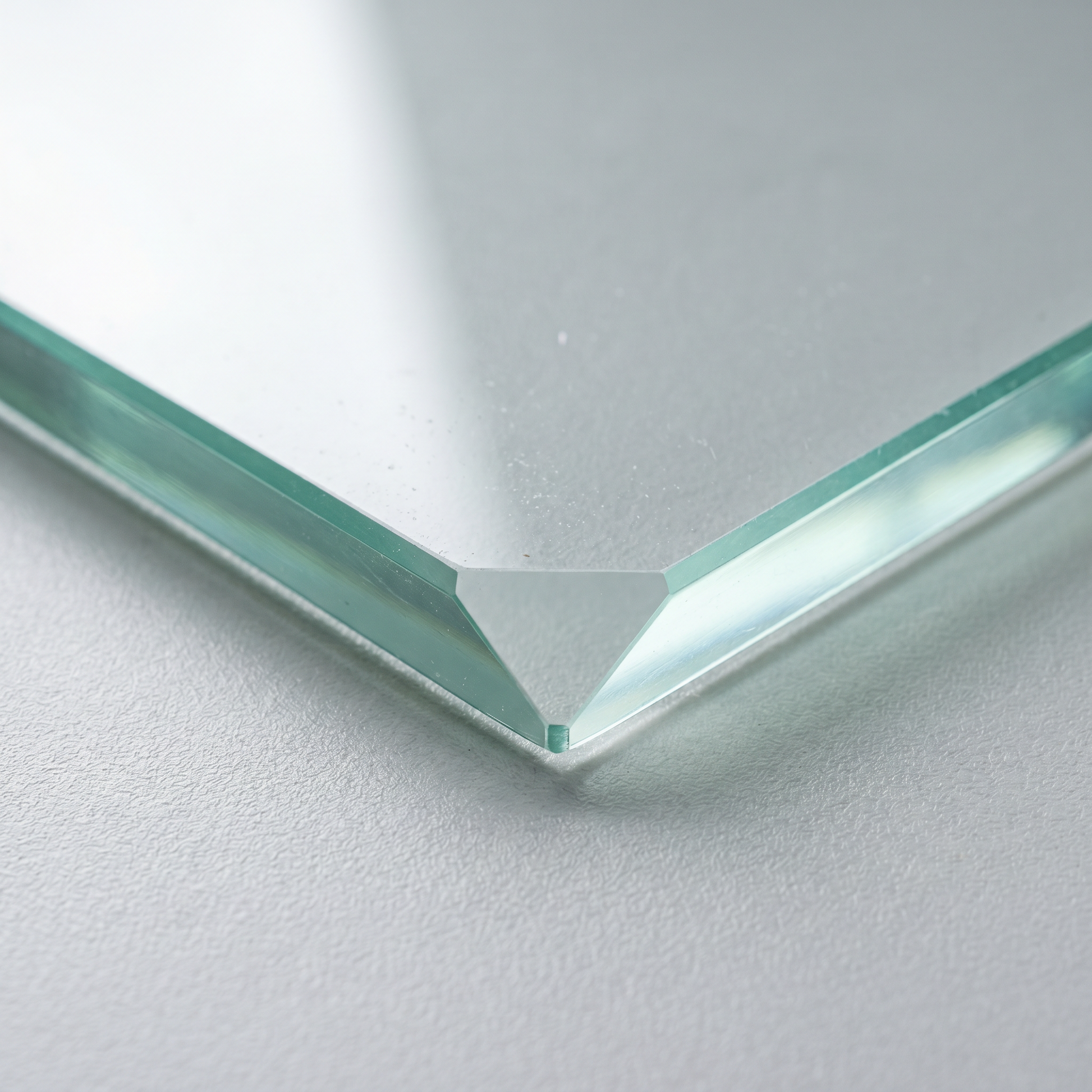 Dubbed corner and polished edge of a 12mm toughened glass panel