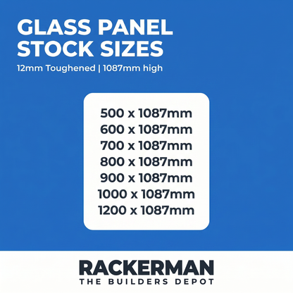 12mm toughened glass panel stock sizes 500mm to 1200mm wide x 1087mm high