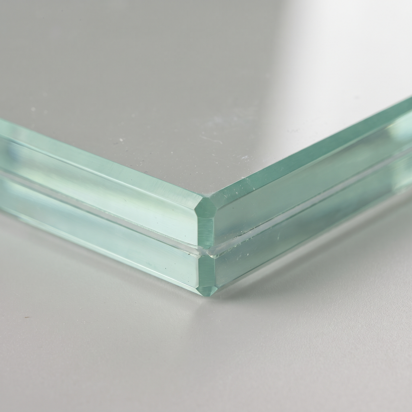 Edge of 17.5mm laminated glass showing two toughened plies and PVB interlayer with a dubbed corner