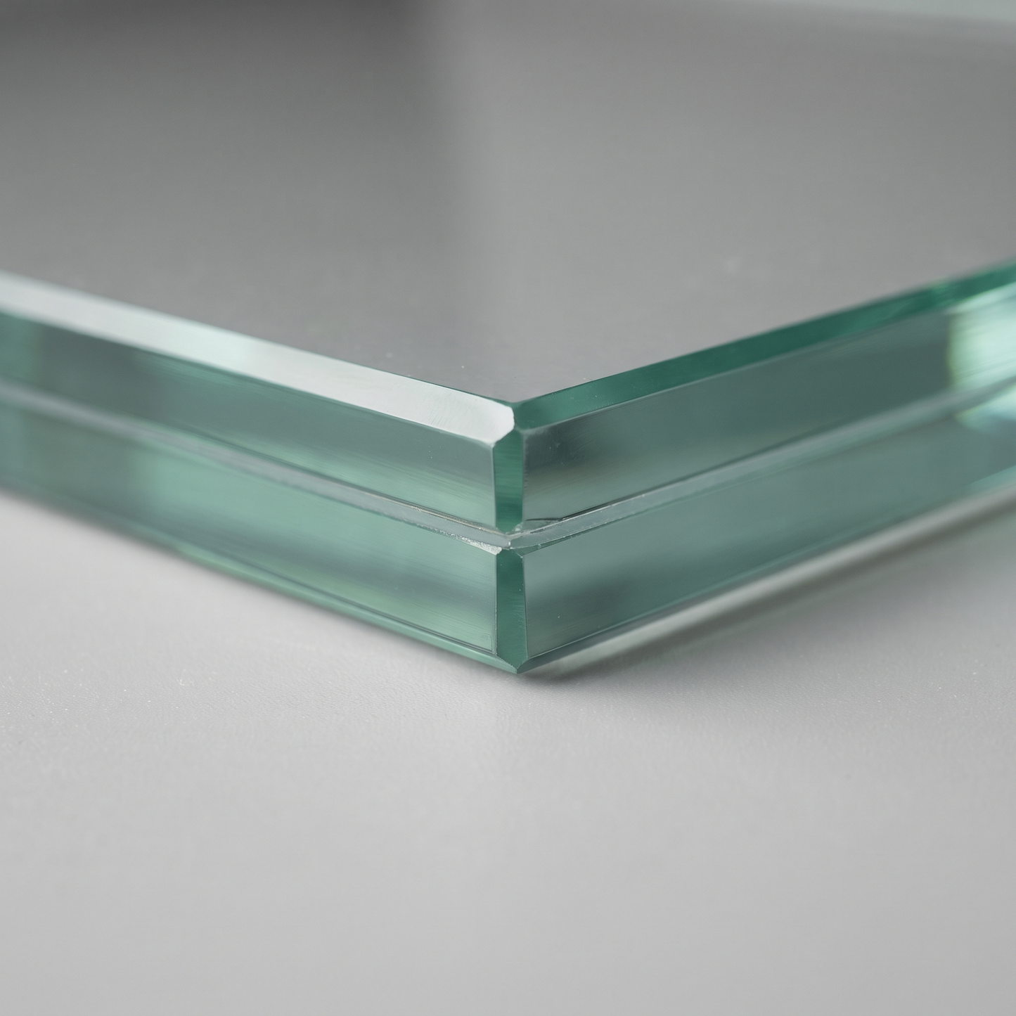 Edge of 21.5mm laminated glass showing two 10mm toughened plies and PVB interlayer with a dubbed corner