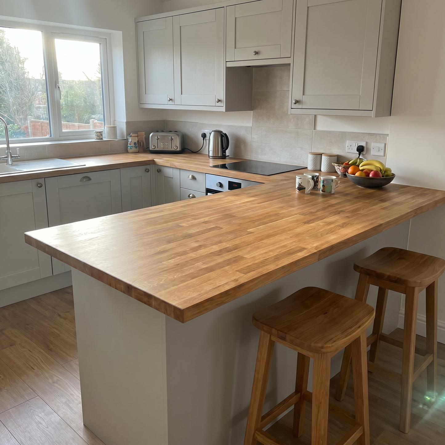 27mm solid oak worktop on a breakfast bar in a UK kitchen