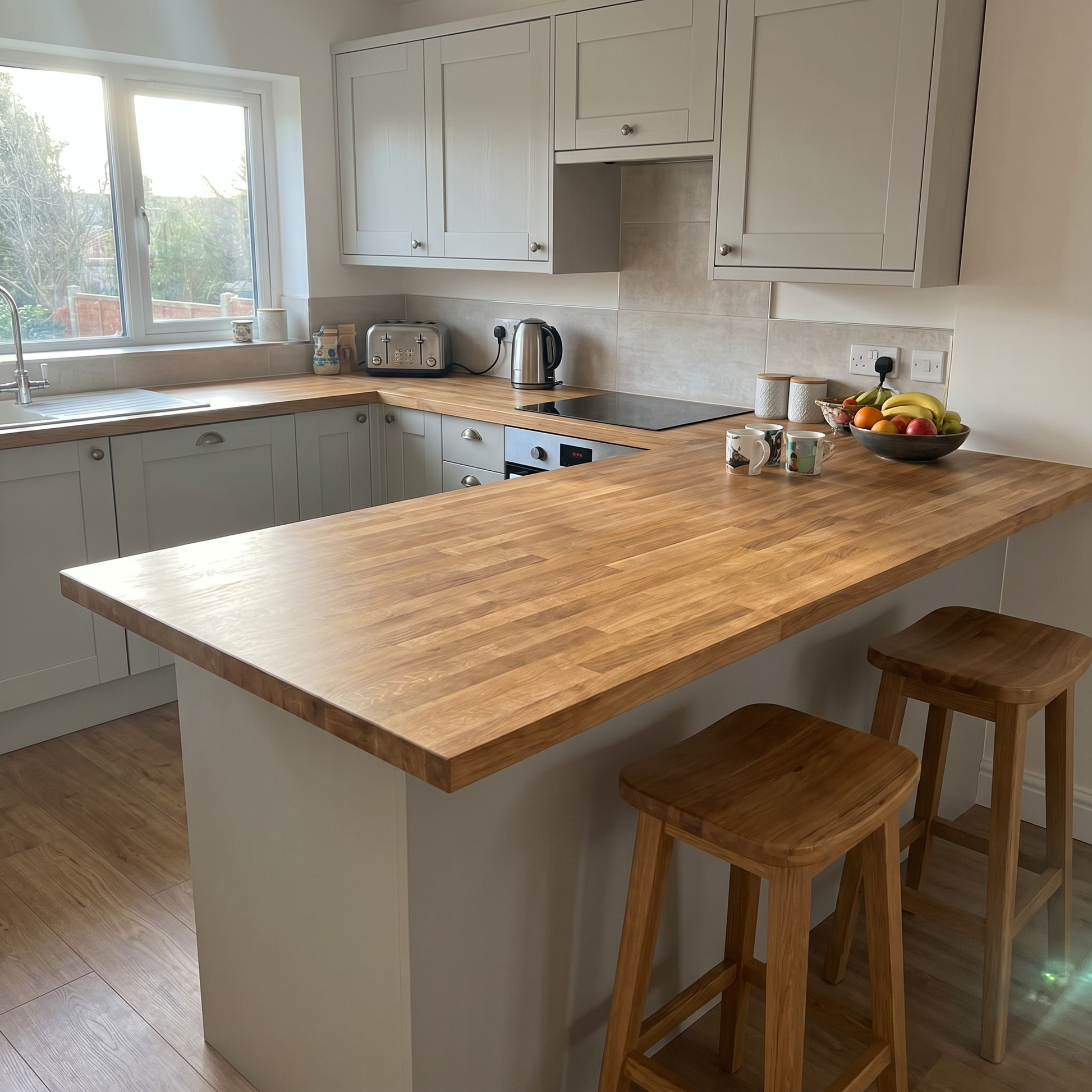 27mm solid oak worktop on a breakfast bar in a UK kitchen