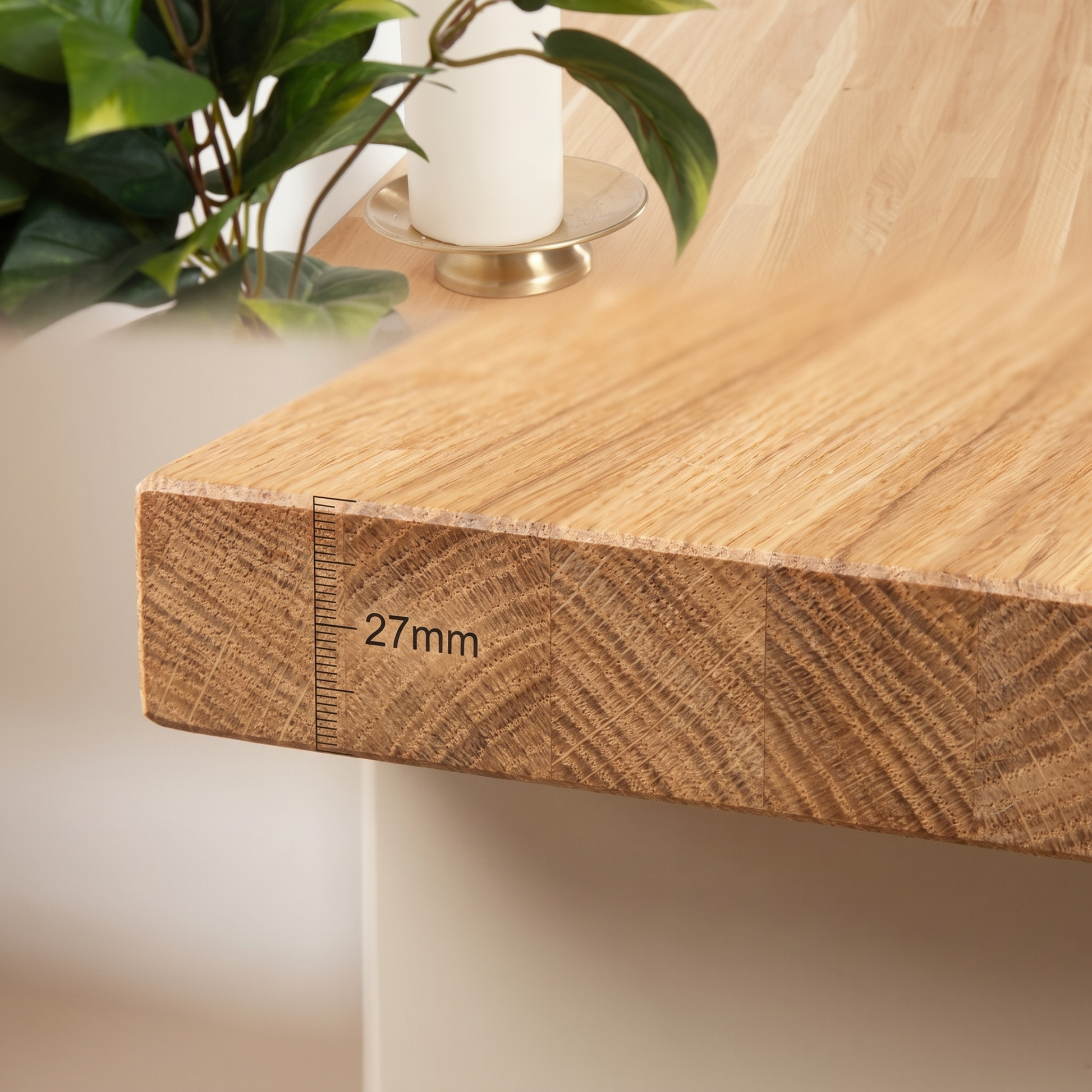 27mm slim edge profile of a solid oak worktop with staved construction