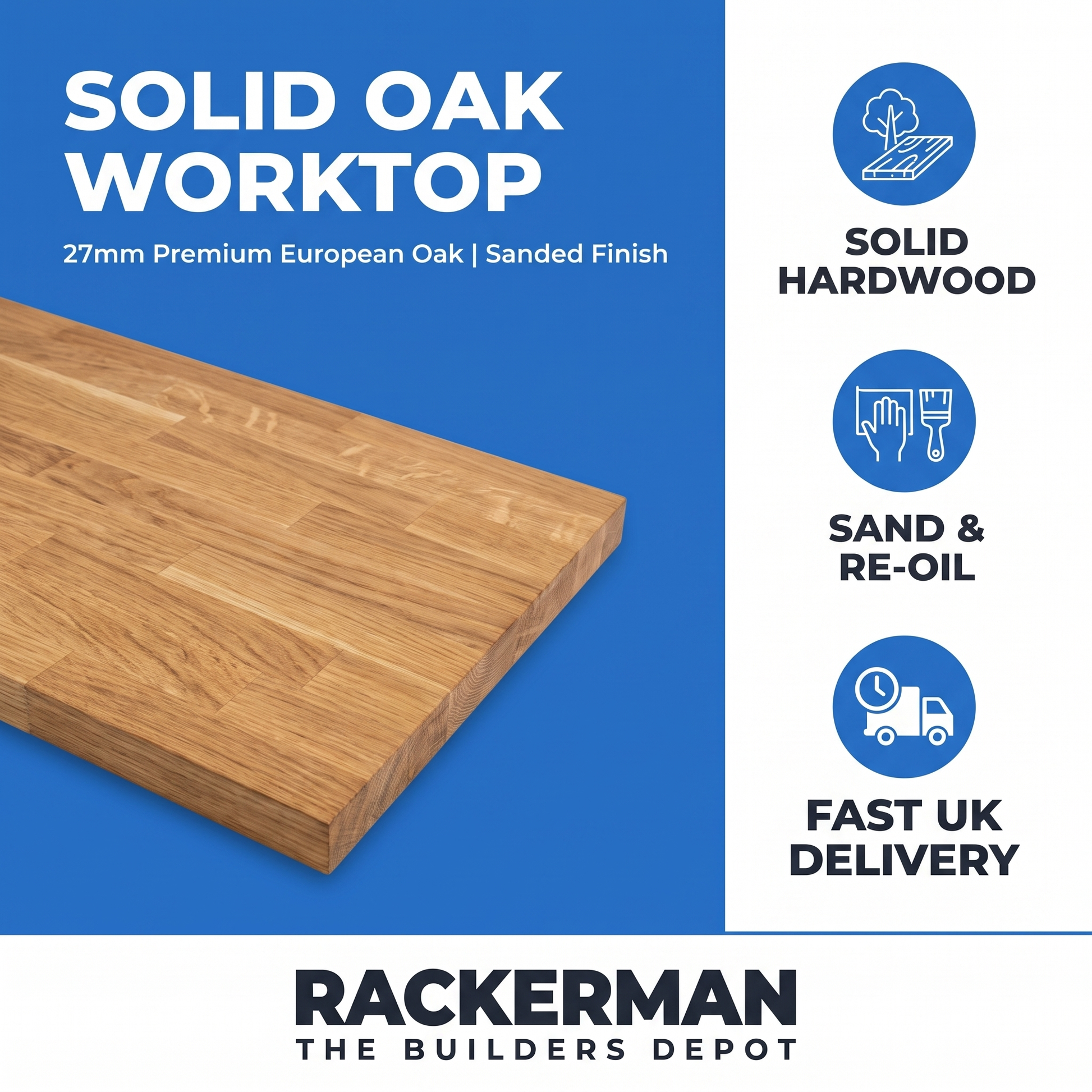 Solid oak 27mm worktop specification - premium European oak, sand and re-oil, fast UK delivery