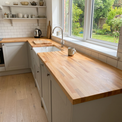 Solid beech 27mm kitchen worktop installed in a modern UK kitchen