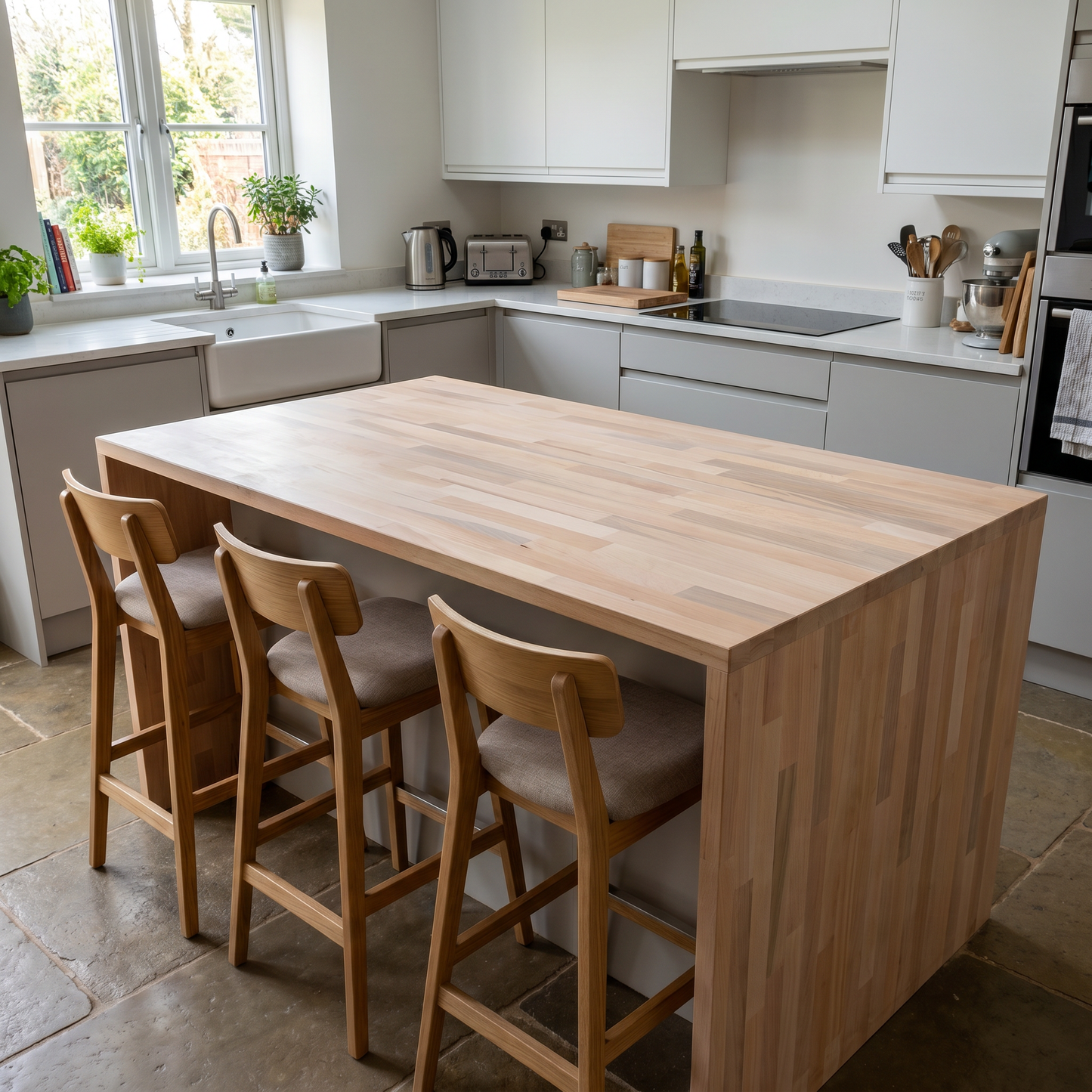 27mm solid beech worktop on a kitchen island breakfast bar in a UK home