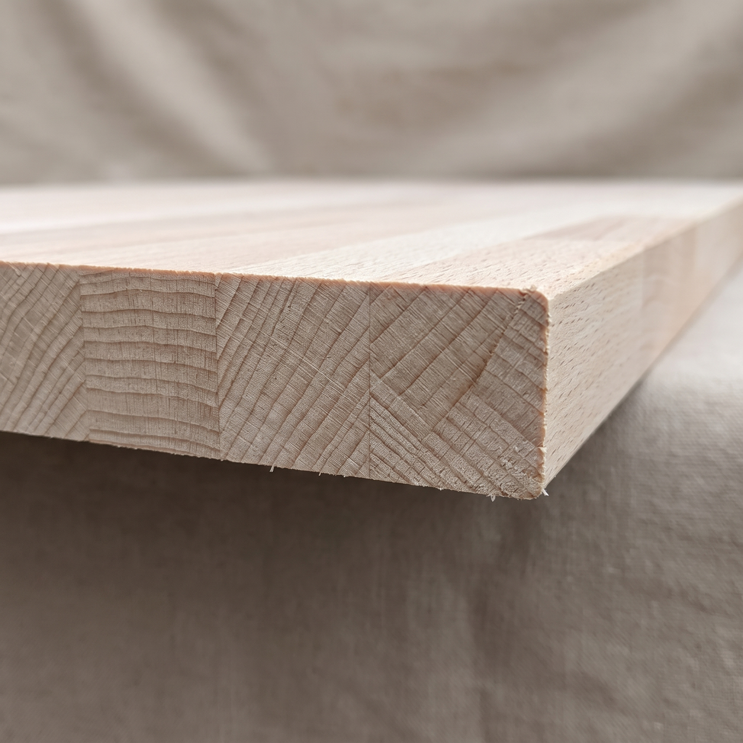 27mm slim edge profile of a solid beech worktop with staved construction