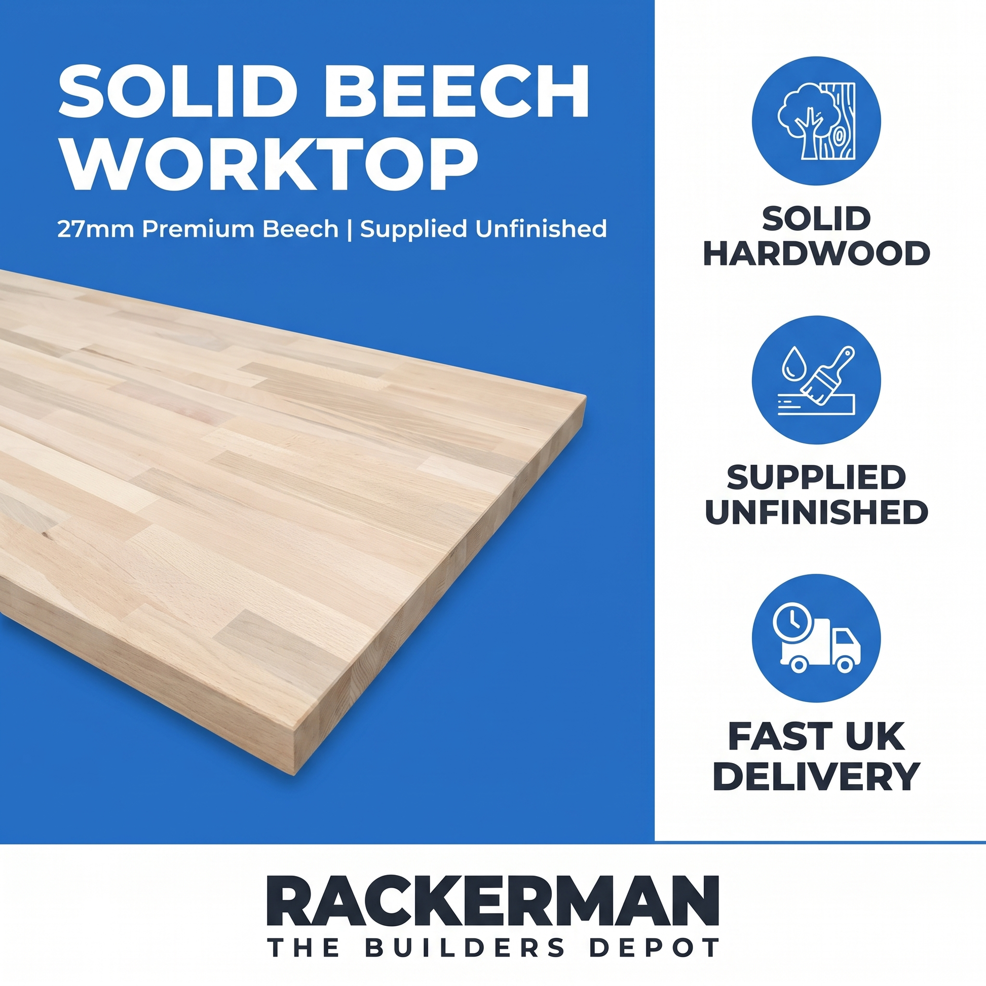 Solid beech 27mm worktop specification - premium beech, supplied unfinished, fast UK delivery