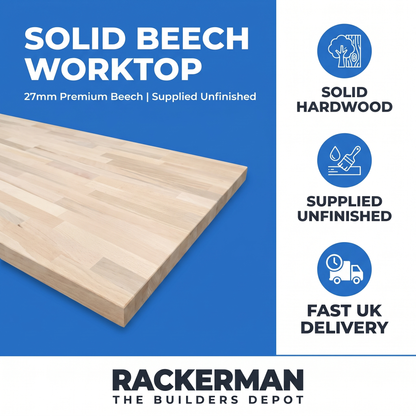 Solid beech 27mm worktop specification - premium beech, supplied unfinished, fast UK delivery