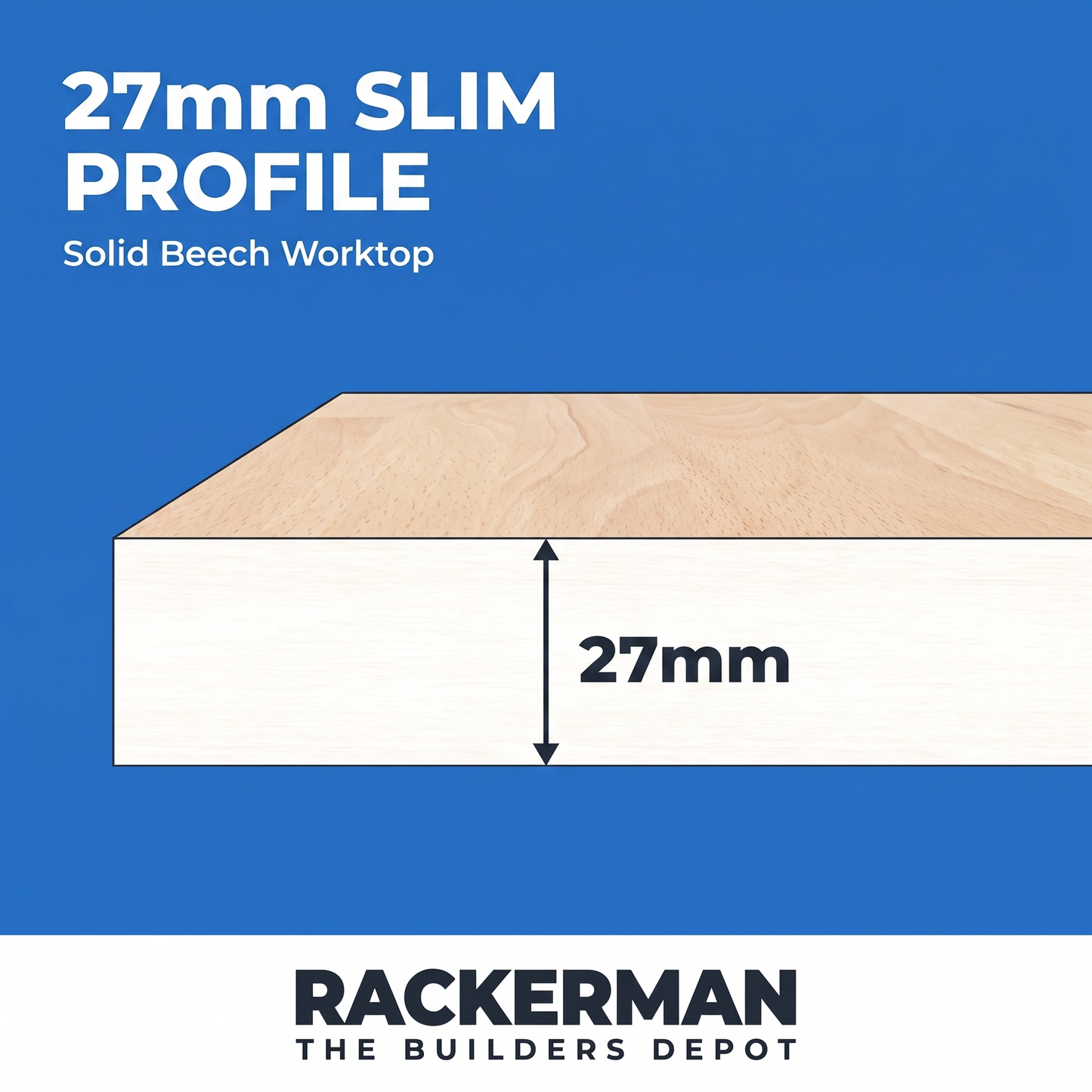 27mm slim profile thickness diagram of a solid beech worktop