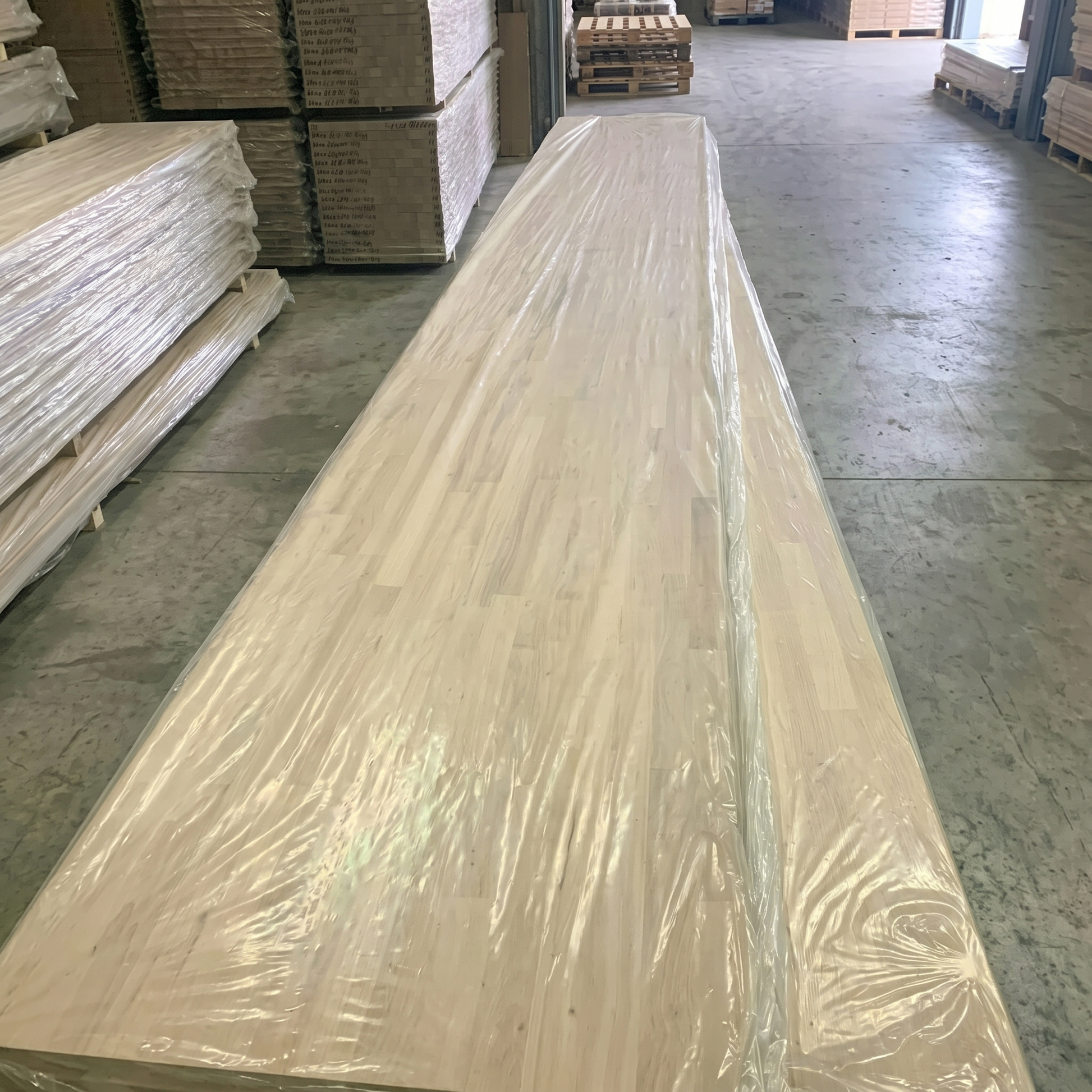 Stacked solid oak timber worktops in warehouse