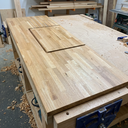Long solid oak worktop surface installed in kitchen