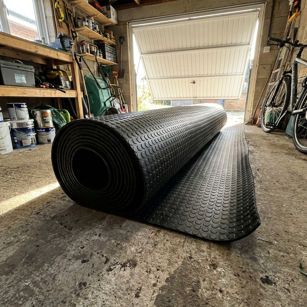 5mm coin rubber garage flooring roll 1.5m wide partly unrolled on a garage floor