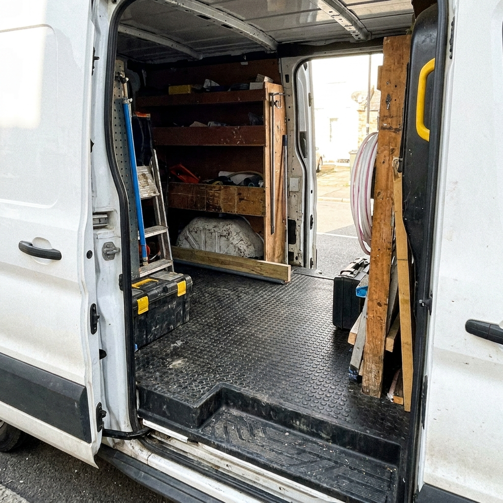 Coin rubber matting lining the load floor of a tradesman van
