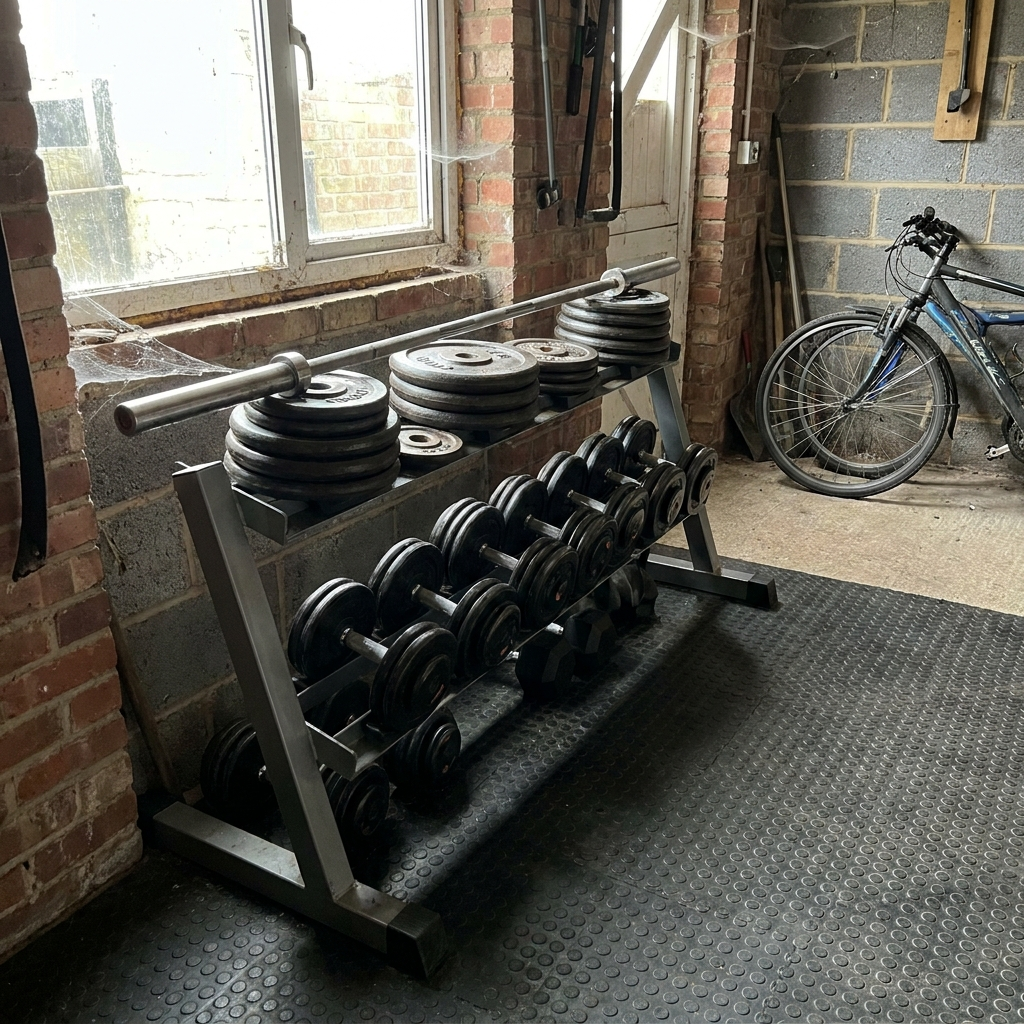 Coin rubber flooring in a home garage gym with weight plates