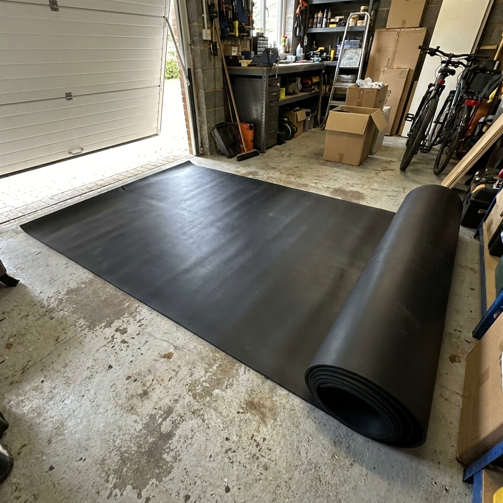 Smooth 5mm heavy-duty rubber garage flooring roll 1.5m wide unrolled on a garage floor