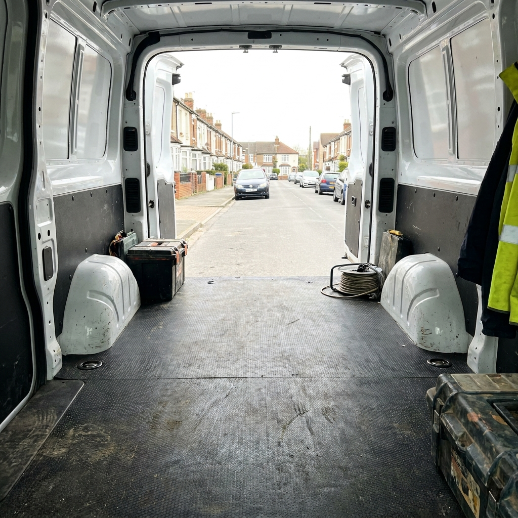 Smooth black rubber matting lining the load floor of a tradesman van