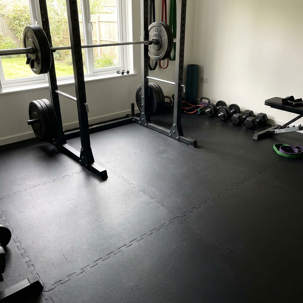 Smooth black rubber gym flooring with barbell and squat rack in a UK home gym