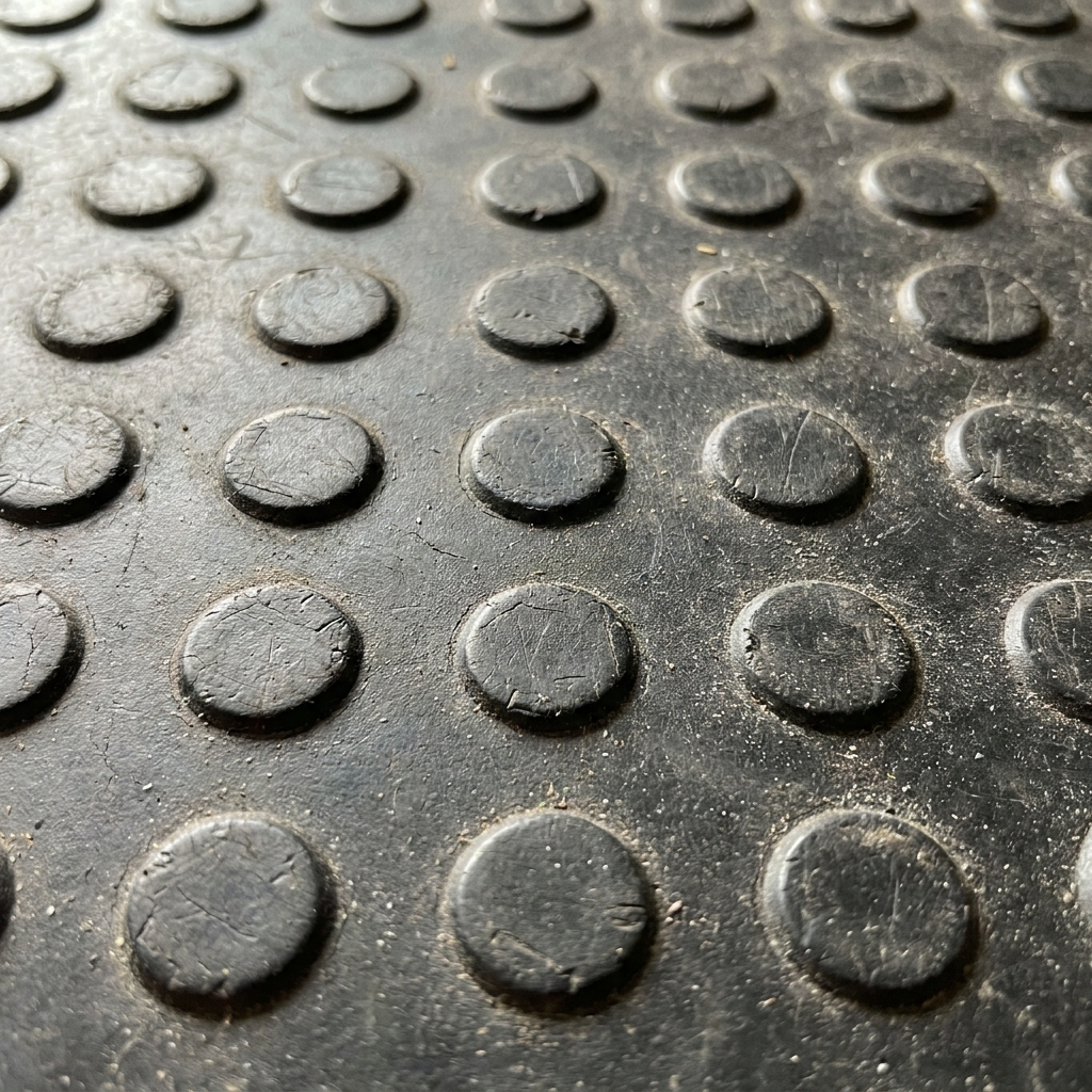 Close-up of black coin penny-stud rubber garage flooring texture showing raised studs