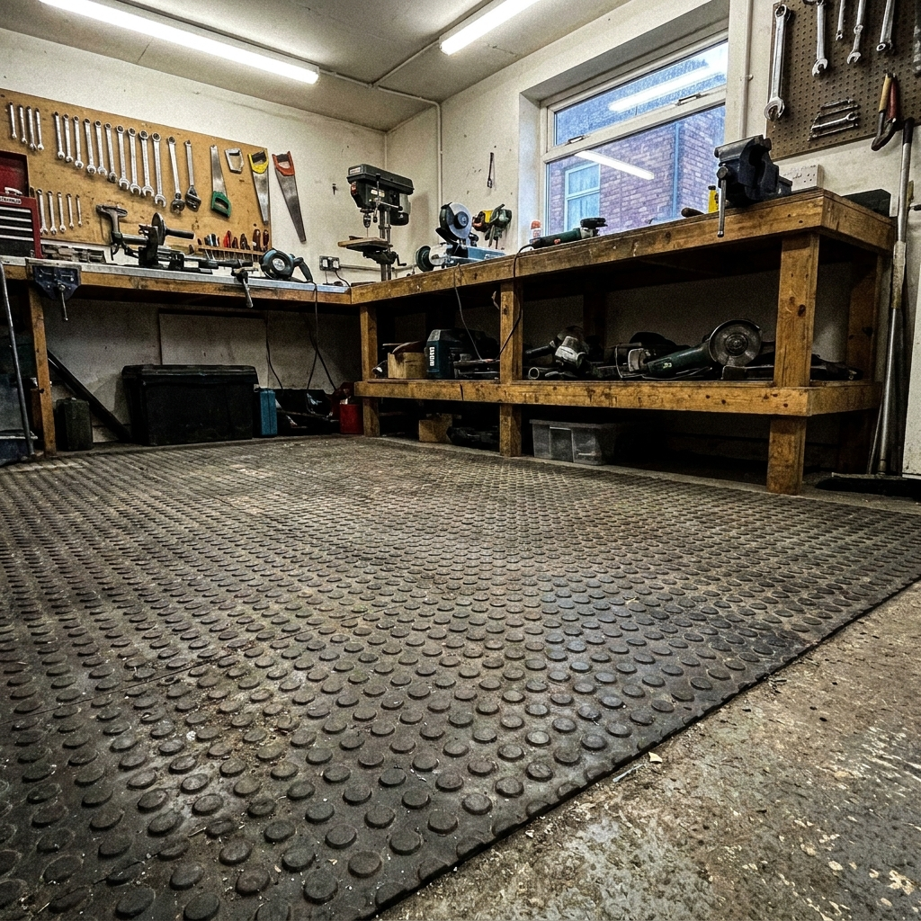 Coin rubber matting on a workshop floor with workbench and tools