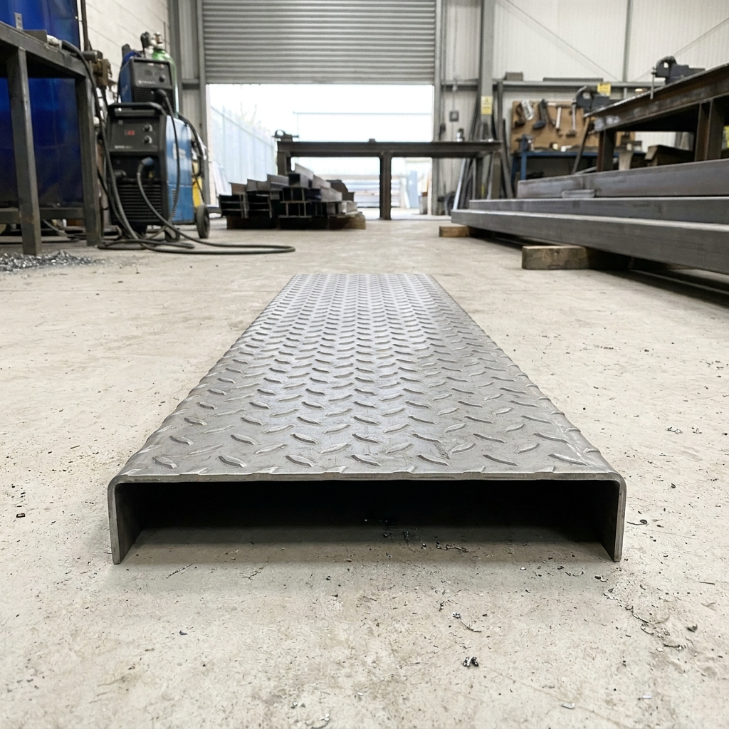 Durbar stair tread anti-slip chequer plate step in mild steel, UK steel workshop