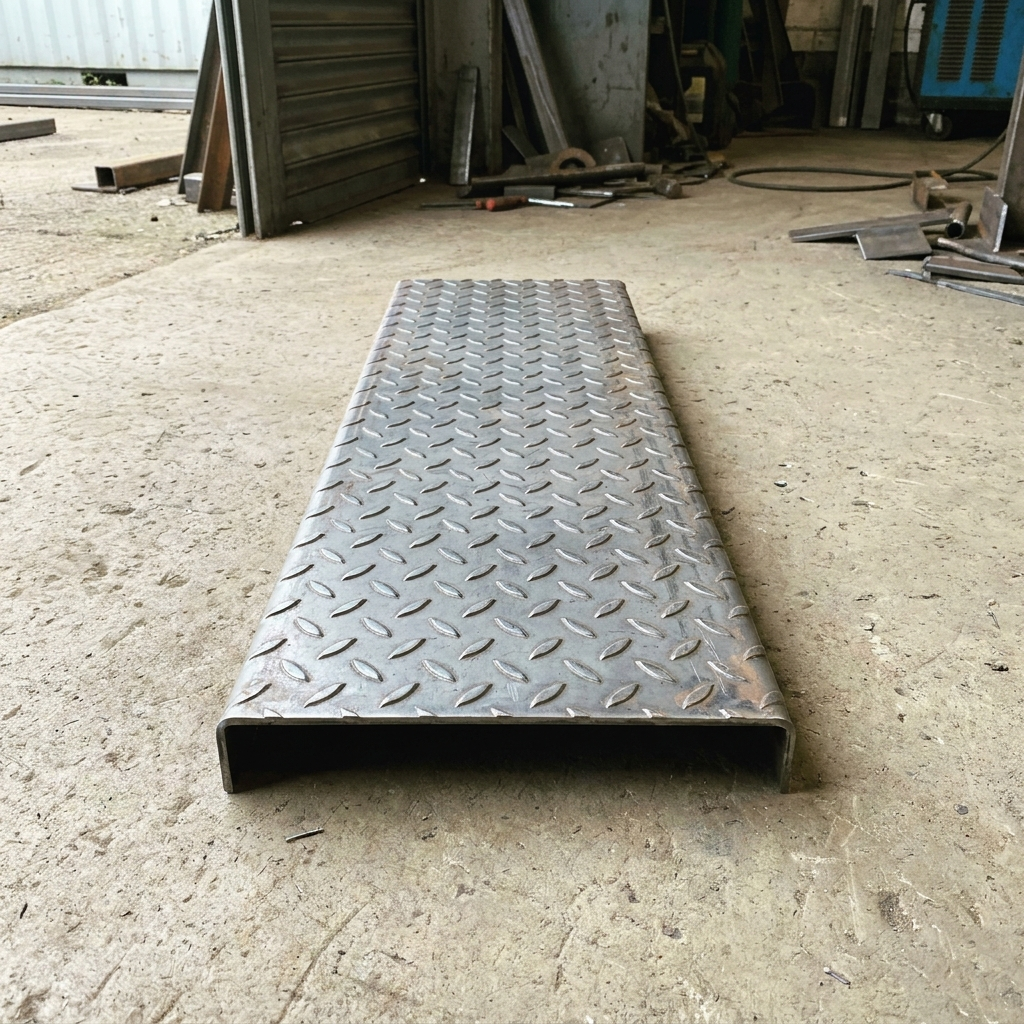 Mild steel durbar stair tread Pattern 1 anti-slip checker plate S275 in a UK fabrication workshop