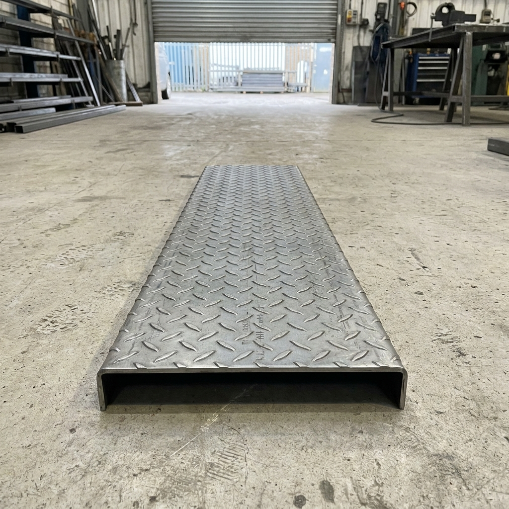 Steel durbar checker plate stair tread with folded turn-down nosing, mild steel S275