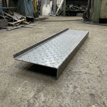 DDA durbar stair tread with deep 145mm nosing, anti-slip checker plate S275