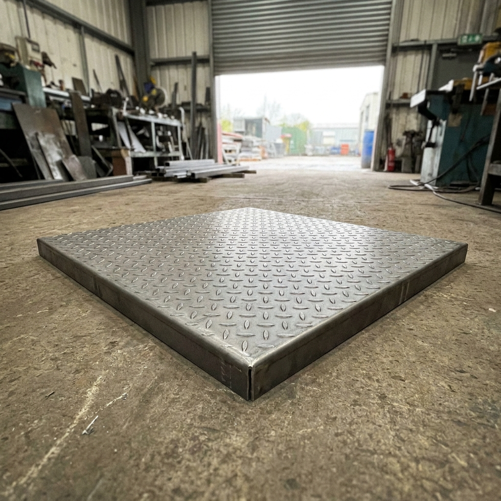 Mild steel durbar checker plate stair landing platform, UK steel workshop