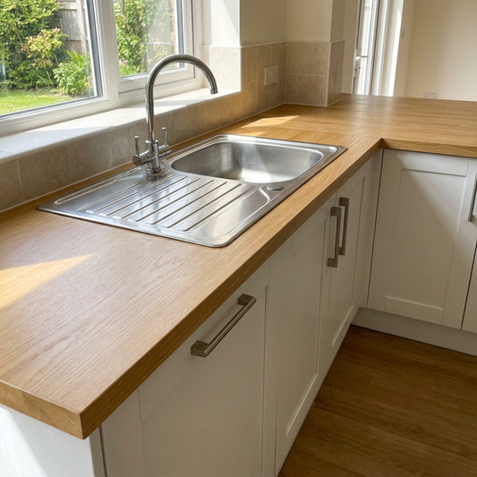 Light oak kitchen worktop 40mm on white shaker base units with stainless steel sink