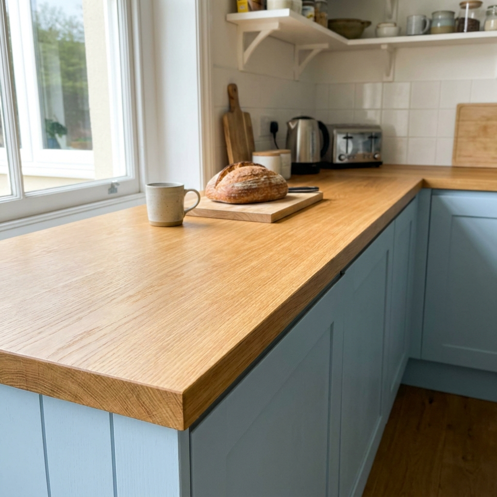 Light oak kitchen worktop running along base units with a slim 40mm edge