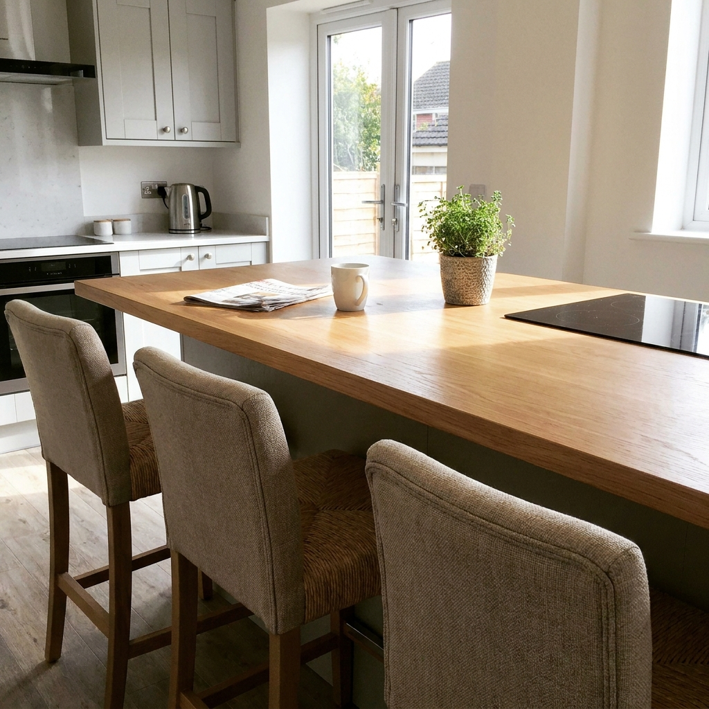 Light oak breakfast bar and kitchen island top in a modern UK kitchen